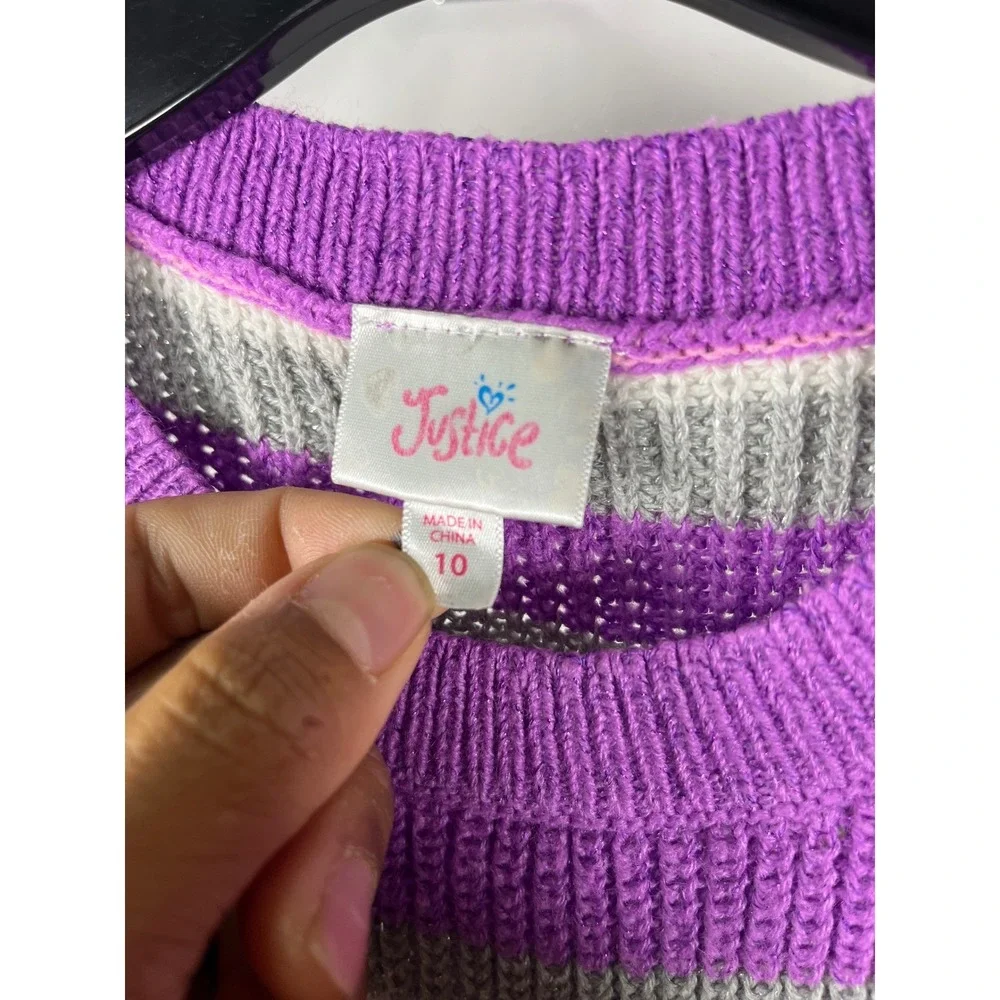 Justice Girls Striped‎ Knit Sweater Dress Purple Pink White Gray Size 10